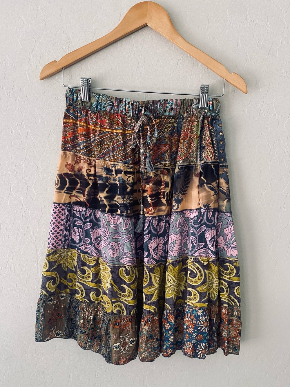 Karma Highway Boho Paisley Patchwork Tiered Mini Skirt One Size Elastic Waist